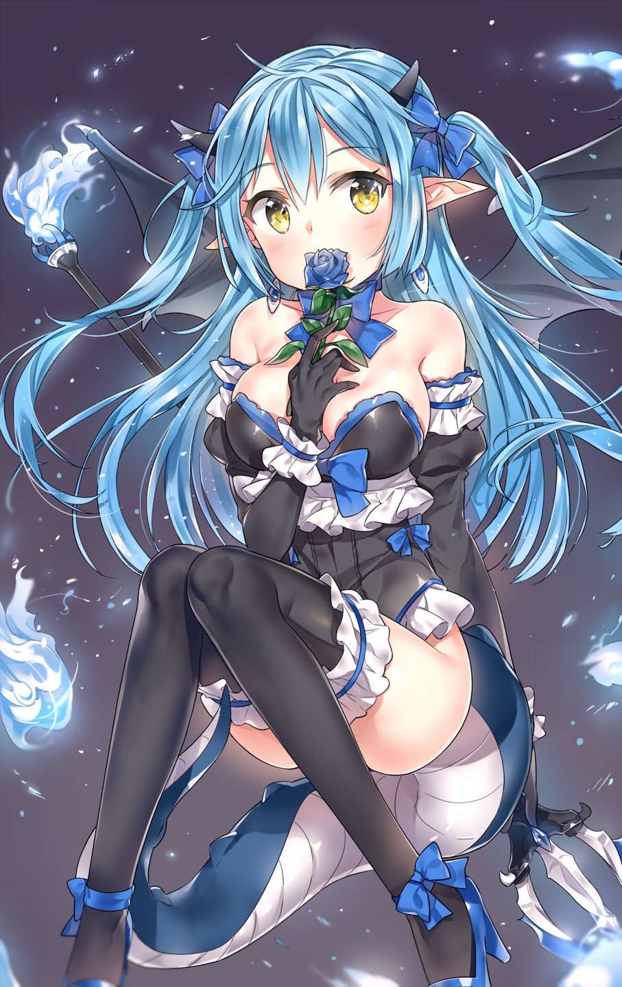 cleavage heels horns no_bra pointy_ears tail thighhighs weapon wings yuran