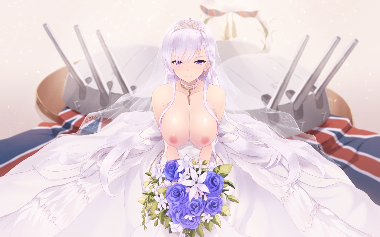 azur_lane belfast_(azur_lane) breasts cait dress nipples no_bra wedding_dress