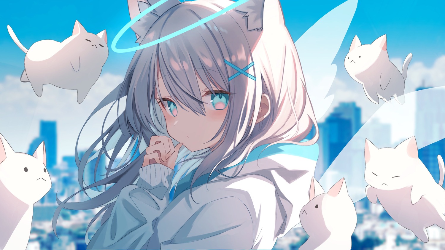 angel animal_ears neko nekomimi squallea wallpaper wings