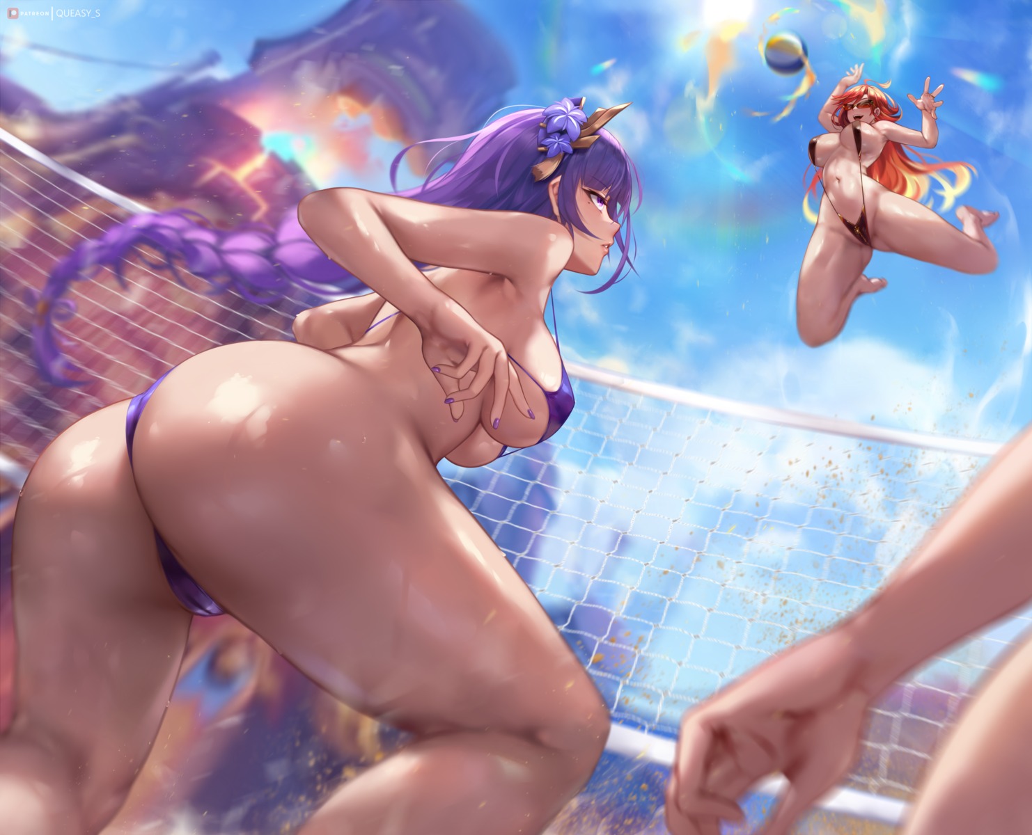 ass bikini cameltoe genshin_impact mavuika megane queasy_s raiden_shogun sling_bikini swimsuits thong