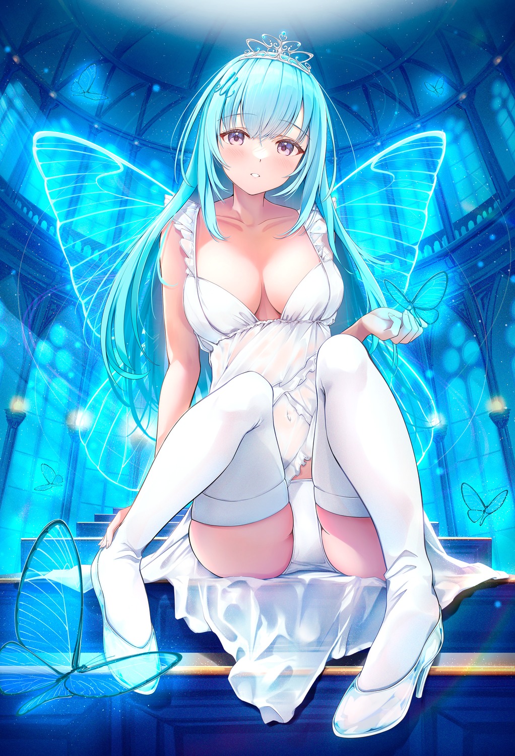 emori_miku emori_miku_project fujinomiya_reicho heels pantsu see_through skirt_lift thighhighs wings