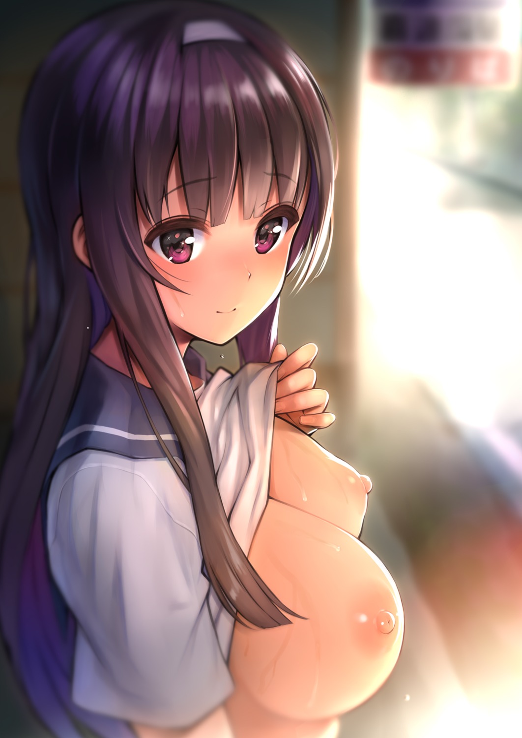 breasts morimiya_masayuki morimiyakan nipples no_bra seifuku shirt_lift undressing wet