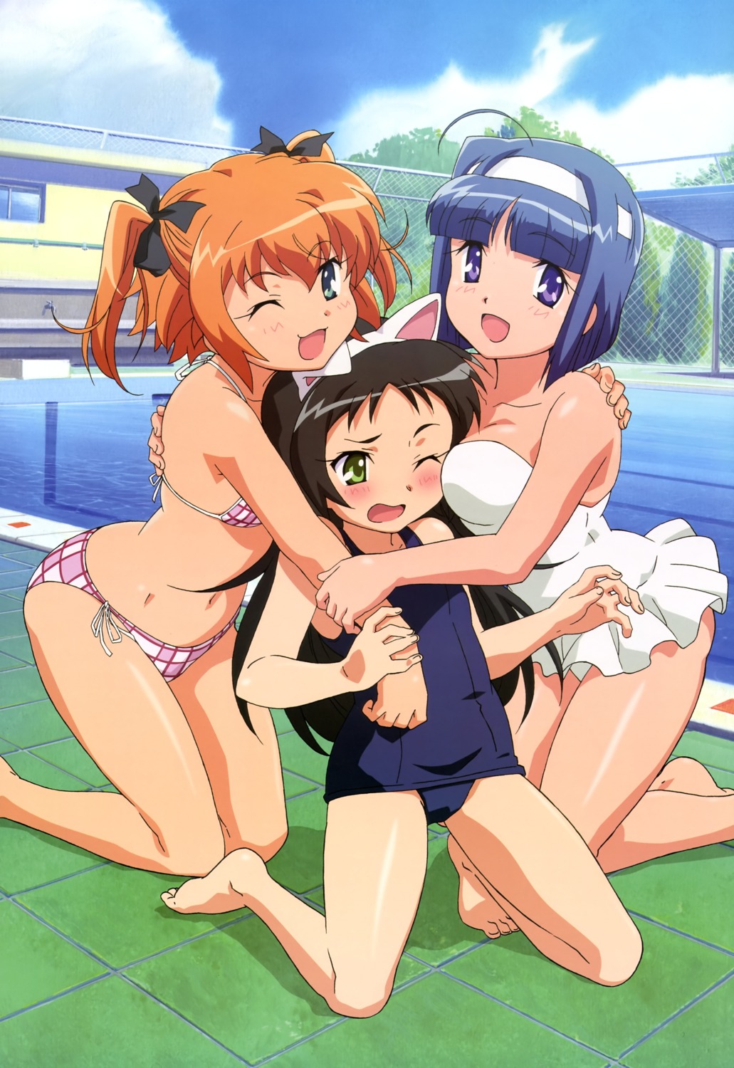 animal_ears bikini haduki_kurumi kaitou_tenshi_twin_angel kannazuki_aoi minnazuki_haruka murakami_yuu school_swimsuit swimsuits