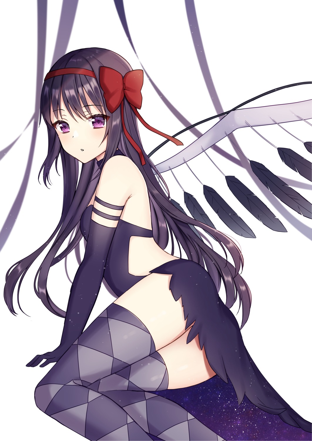 akemi_homura dress kashiwa_mochico puella_magi_madoka_magica skirt_lift thighhighs wings