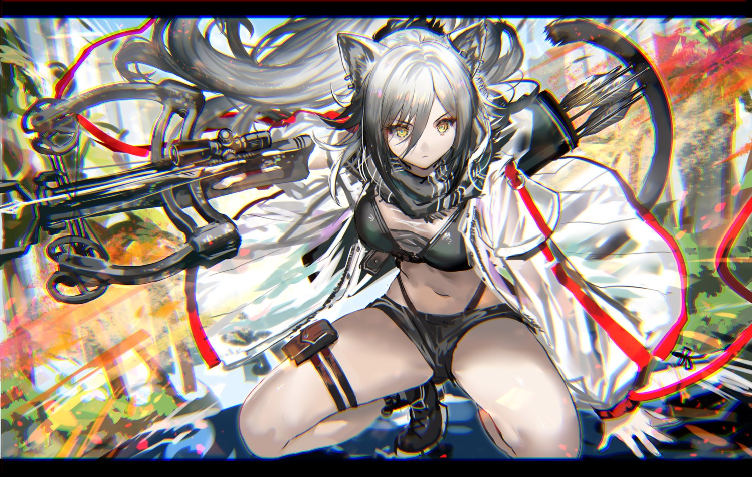 animal_ears arknights bikini garter open_shirt ranou schwarz_(arknights) see_through swimsuits tail weapon