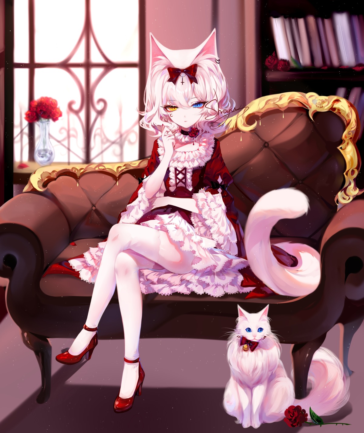 animal_ears gothic_lolita heterochromia lolita_fashion neko nekomimi sheya skirt_lift tail thighhighs