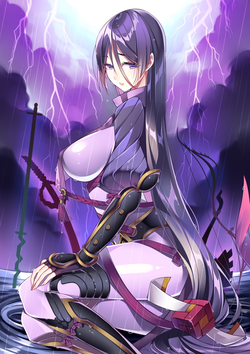 armor bodysuit fate/grand_order may_(2747513627) minamoto_no_raikou_(fate/grand_order) sword wet