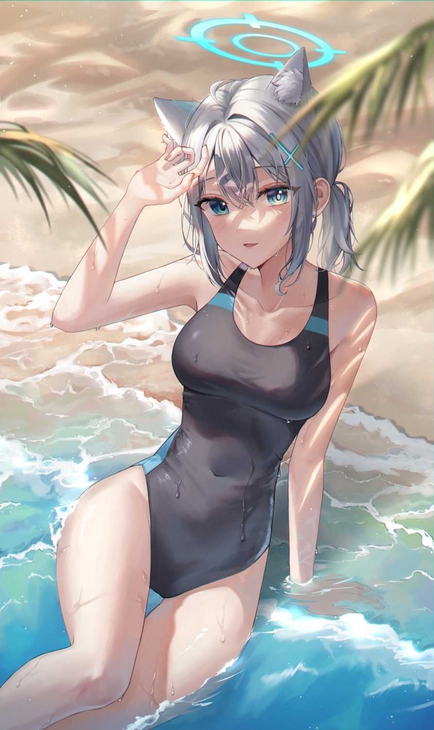 animal_ears blue_archive halo nekomimi sunaookami_shiroko swimsuits wet wolla