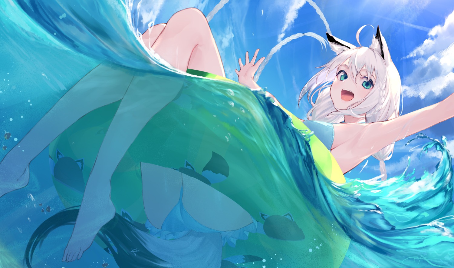 animal_ears ass bikini feet hololive hololive_gamers kitsune shirakami_fubuki swimsuits tail takubon wet