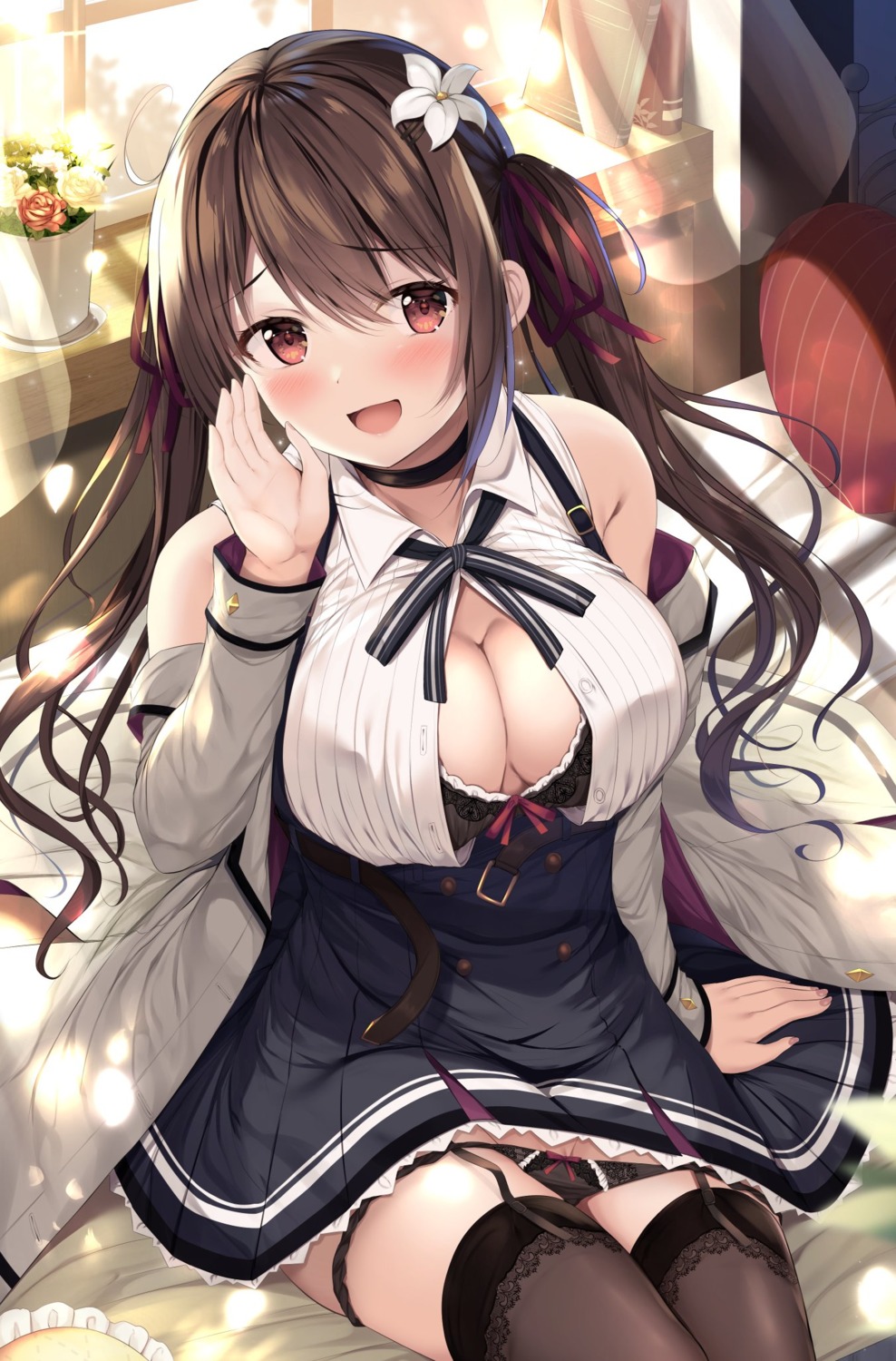 bra cleavage open_shirt pantsu panty_pull seifuku skirt_lift stockings thighhighs tomoo