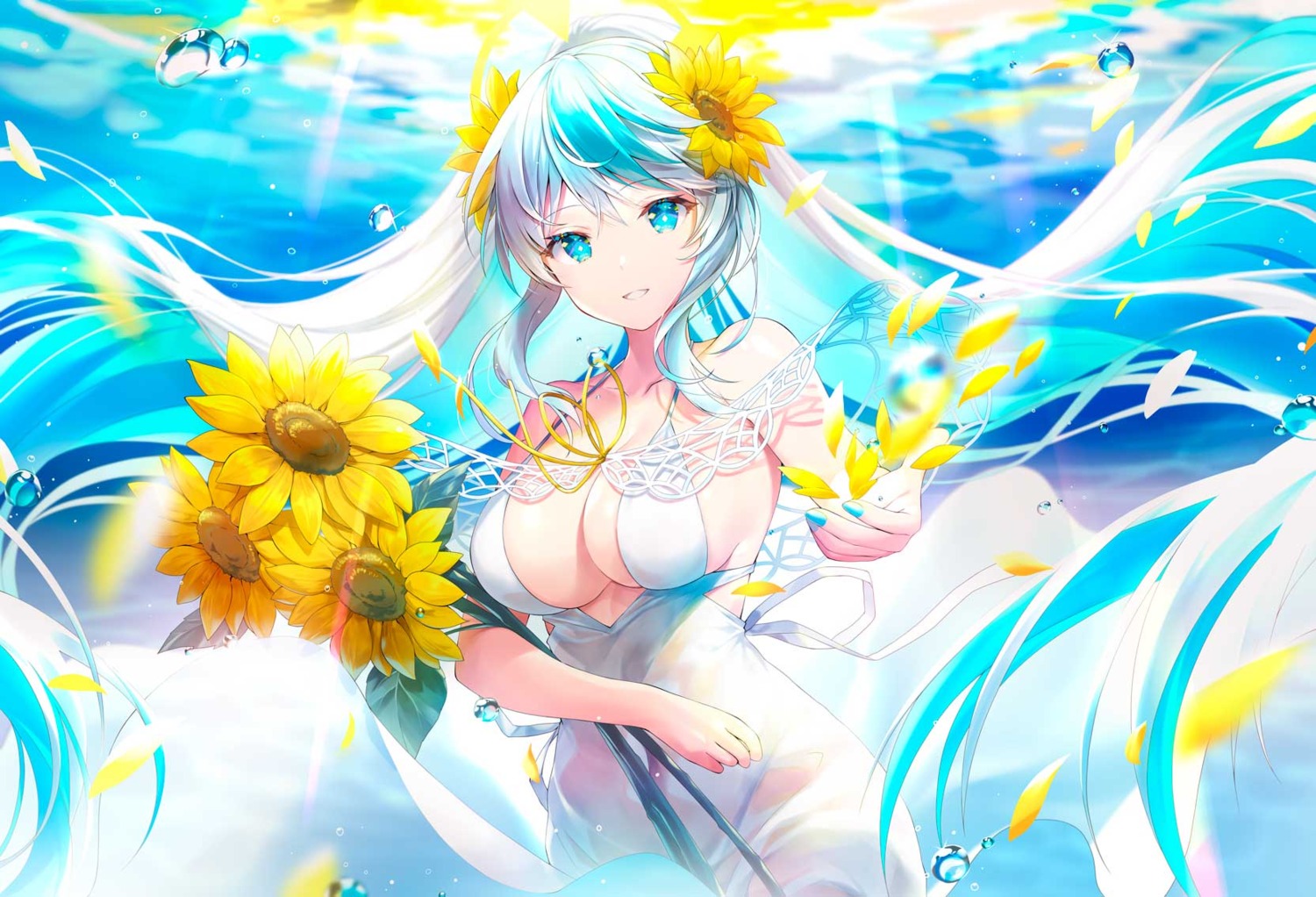 dress emori_miku_project jpeg_artifacts kagachi_saku no_bra see_through skirt_lift summer_dress wet_clothes