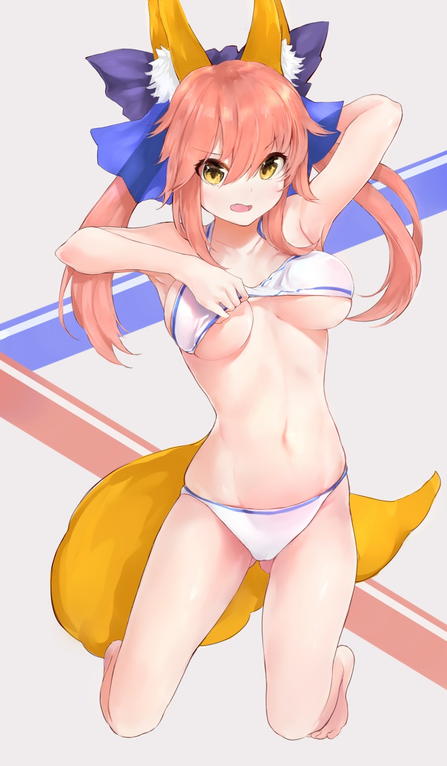 animal_ears bikini cameltoe cleavage fate/extra fate/grand_order fate/stay_night kitsune silver_(chenwen) swimsuits tail tamamo_no_mae underboob undressing