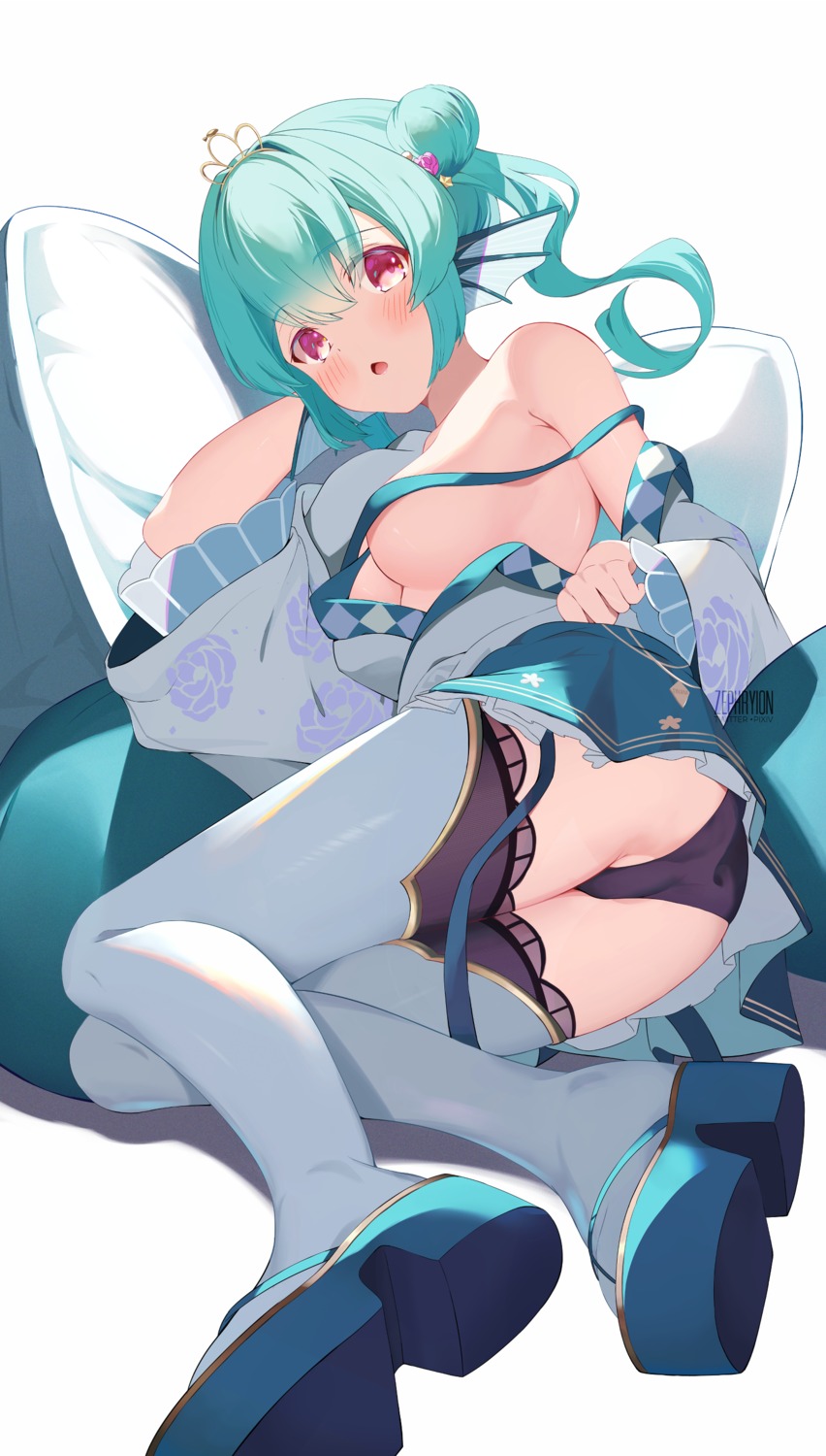 kimono nijisanji nijisanji_en no_bra open_shirt pantsu ryuuguu_finana thighhighs zephryion