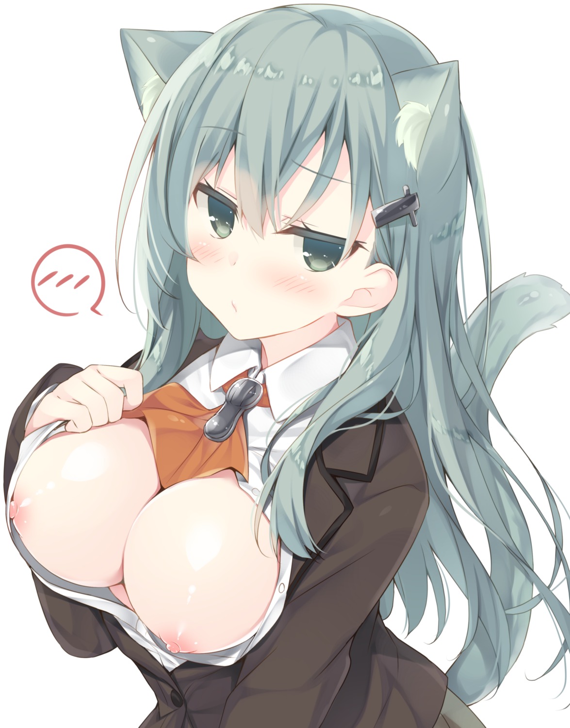 animal_ears breasts kantai_collection miko_92 nekomimi nipples no_bra open_shirt seifuku suzuya_(kancolle) tail