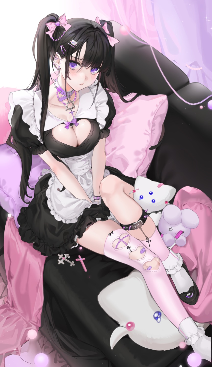 bandaid cleavage garter maid no_bra thighhighs unxi violeta_(unxi)