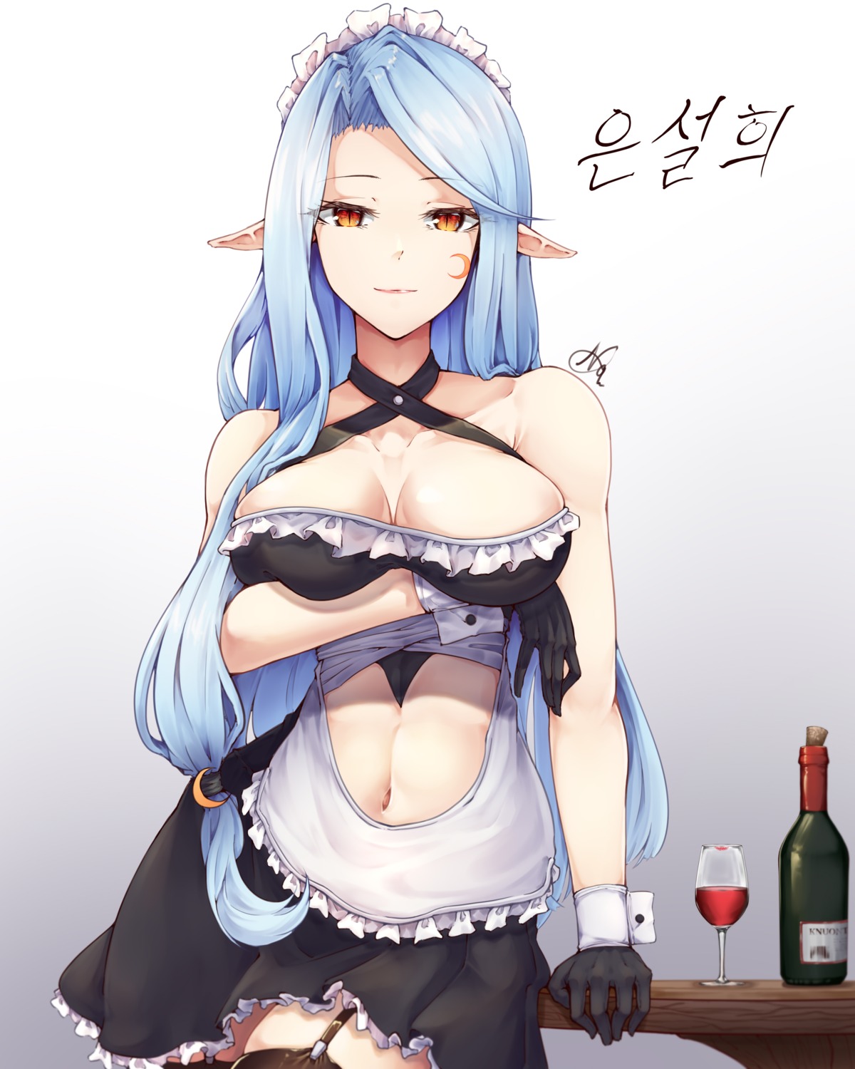 breast_hold maid nine7284 no_bra pointy_ears stockings thighhighs