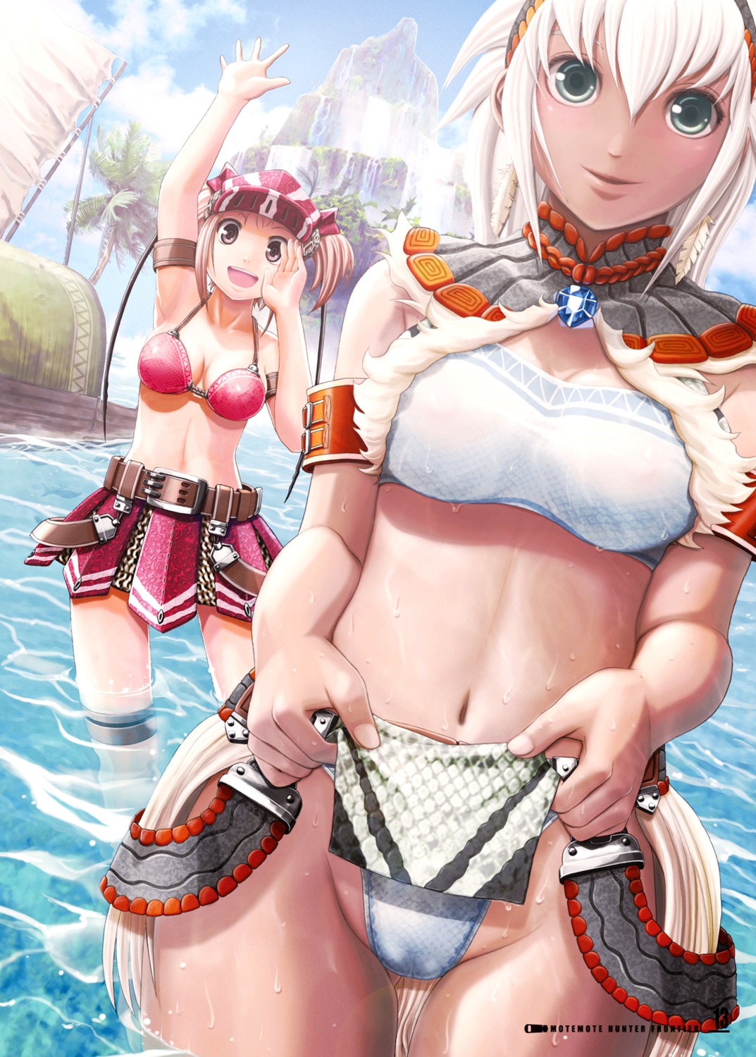 bikini_top cameltoe cleavage monster_hunter skirt_lift swimsuits v-mag wet