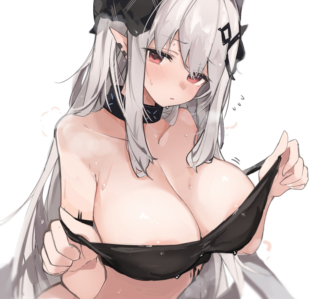 areola arknights horns mikojin mudrock_(arknights) no_bra pointy_ears undressing wet