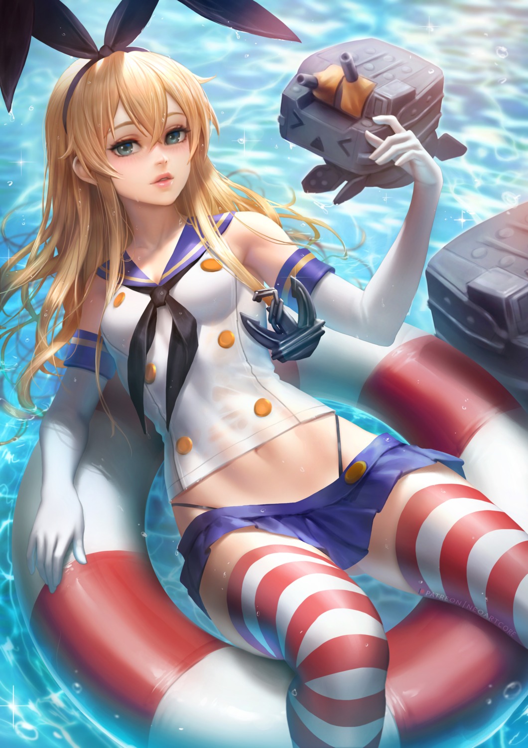 kantai_collection nudtawut_thongmai pantsu rensouhou-chan see_through seifuku shimakaze_(kancolle) skirt_lift thighhighs wet wet_clothes