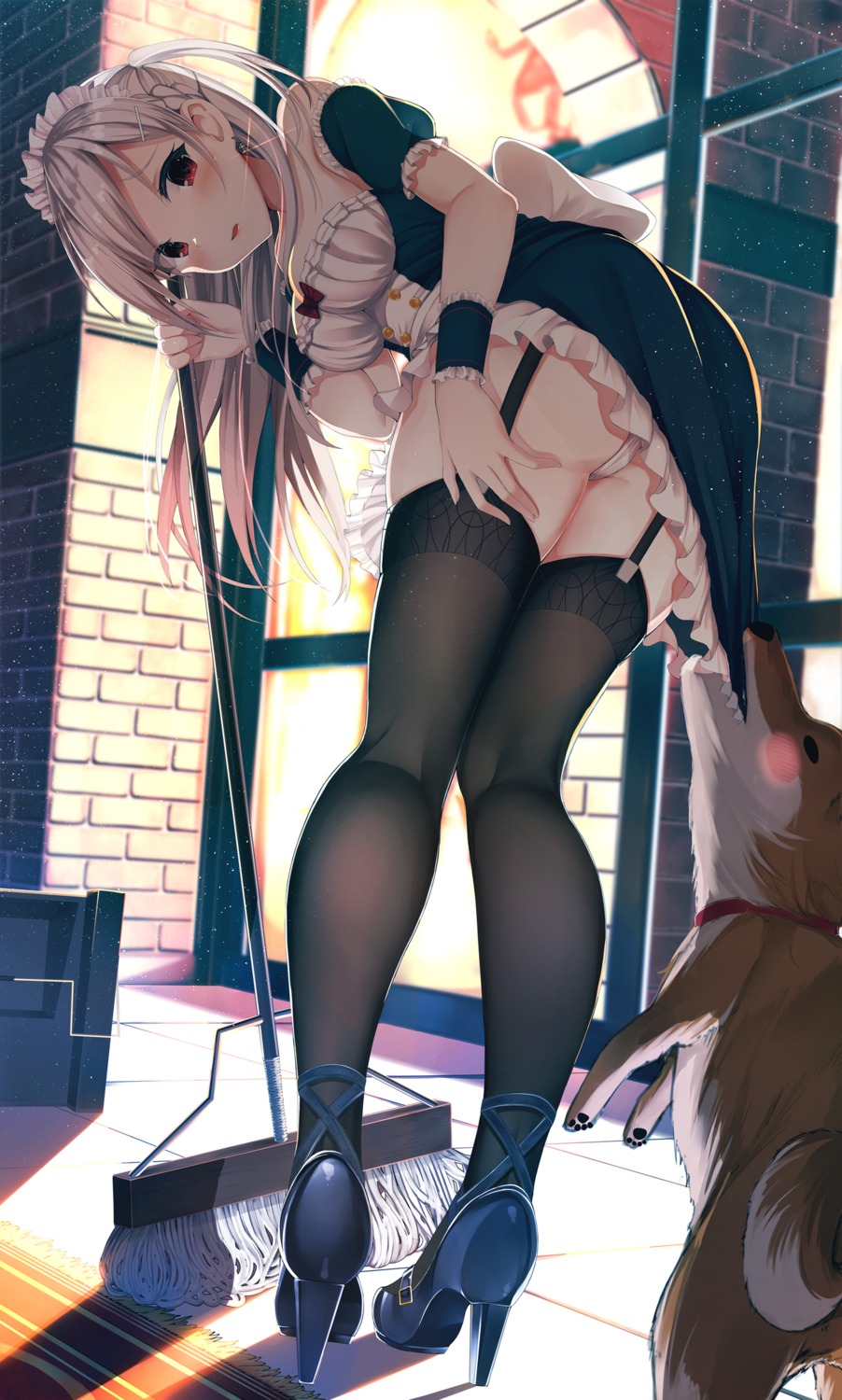 ass cameltoe heels hiiragi_ringo maid no_bra pantsu skirt_lift stockings thighhighs thong