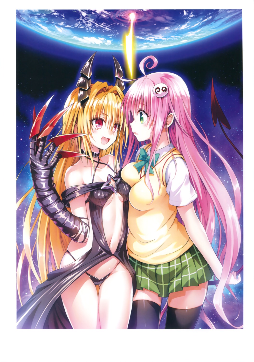 golden_darkness horns lala_satalin_deviluke no_bra pantsu seifuku symmetrical_docking tail thighhighs to_love_ru to_love_ru_darkness underboob weapon yabuki_kentarou