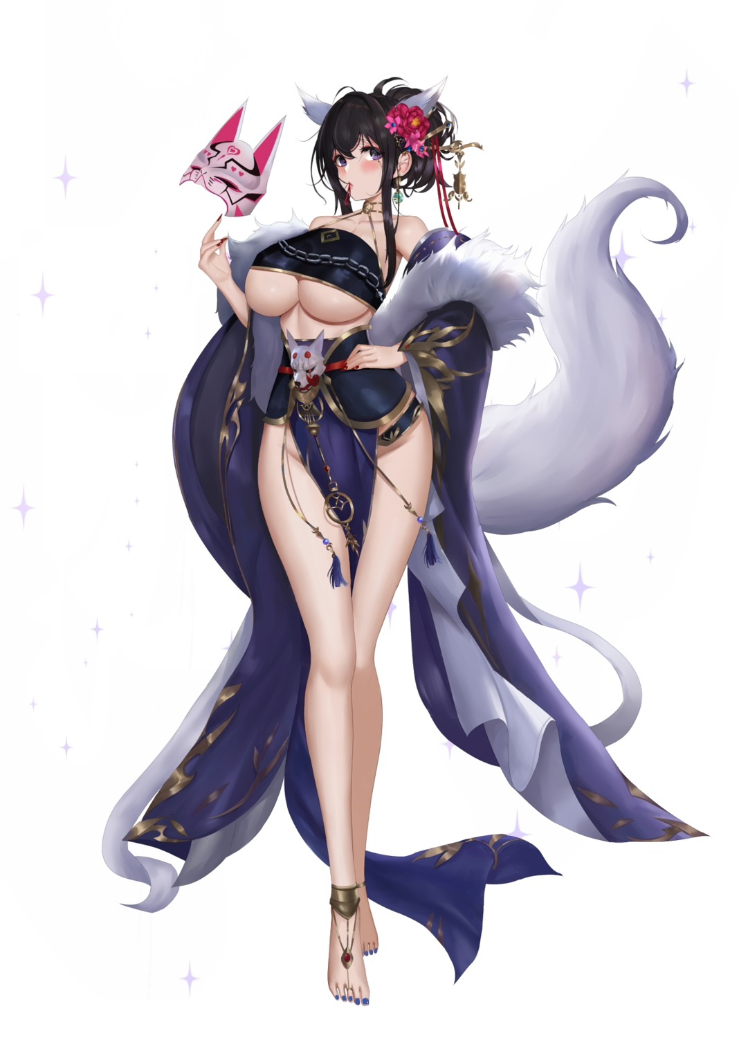 animal_ears asian_clothes japanese_clothes kitsune no_bra nopan tagme tail underboob