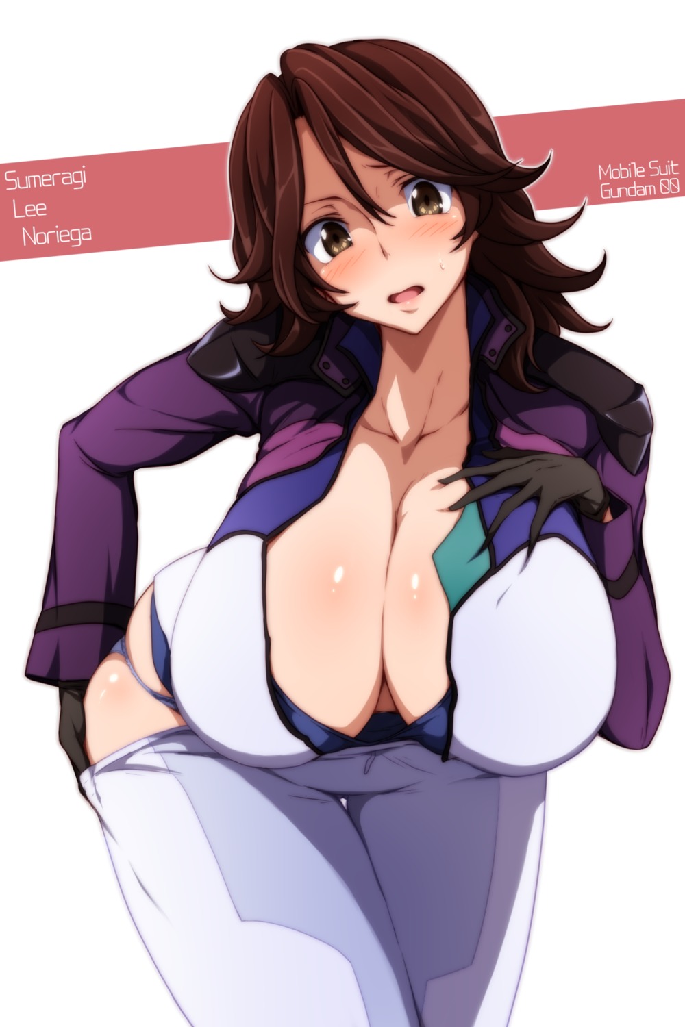 bra breast_hold cleavage gundam gundam_00 open_shirt pantsu runaru sumeragi_lee_noriega undressing uniform