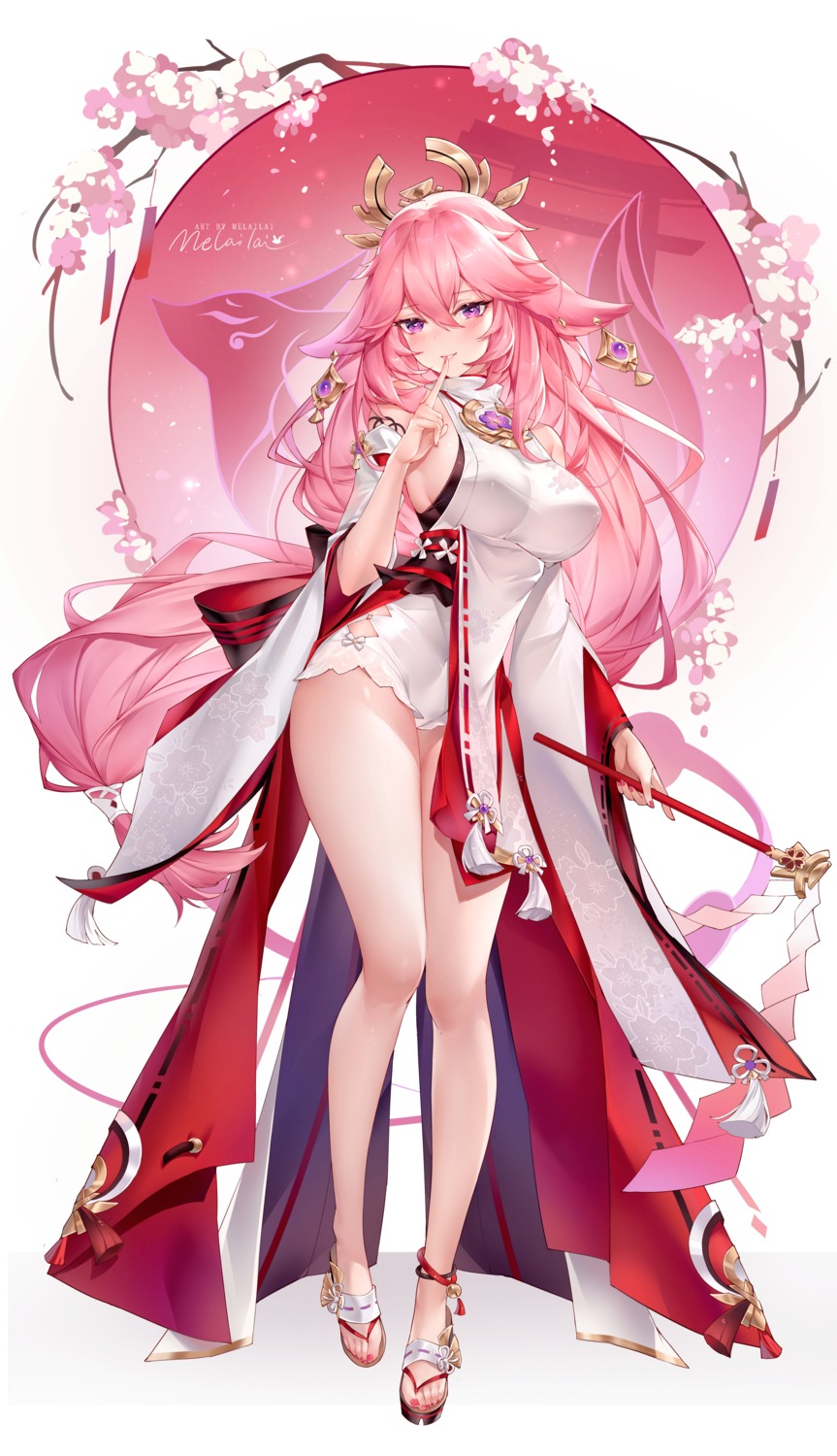 animal_ears genshin_impact japanese_clothes kitsune melailai no_bra yae_miko