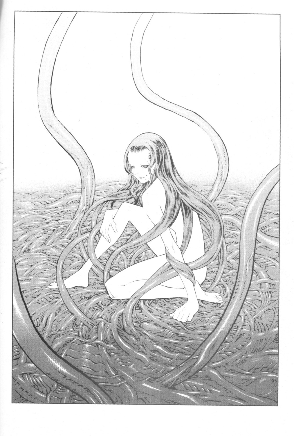 binding_discoloration claymore cropme monochrome monster_girl naked tentacles yagi_norihiro