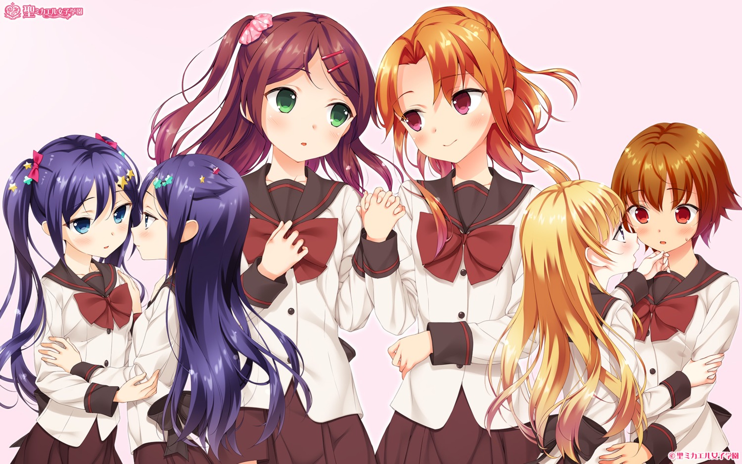 aida_takanobu kimishima_ai kimishima_aya misawa_nagisa onohara_hazuki sei_mikaeru_joshi_gakuen seifuku sono_hanabira_ni_kuchizuke_wo suou_manami takahata_rina yuri