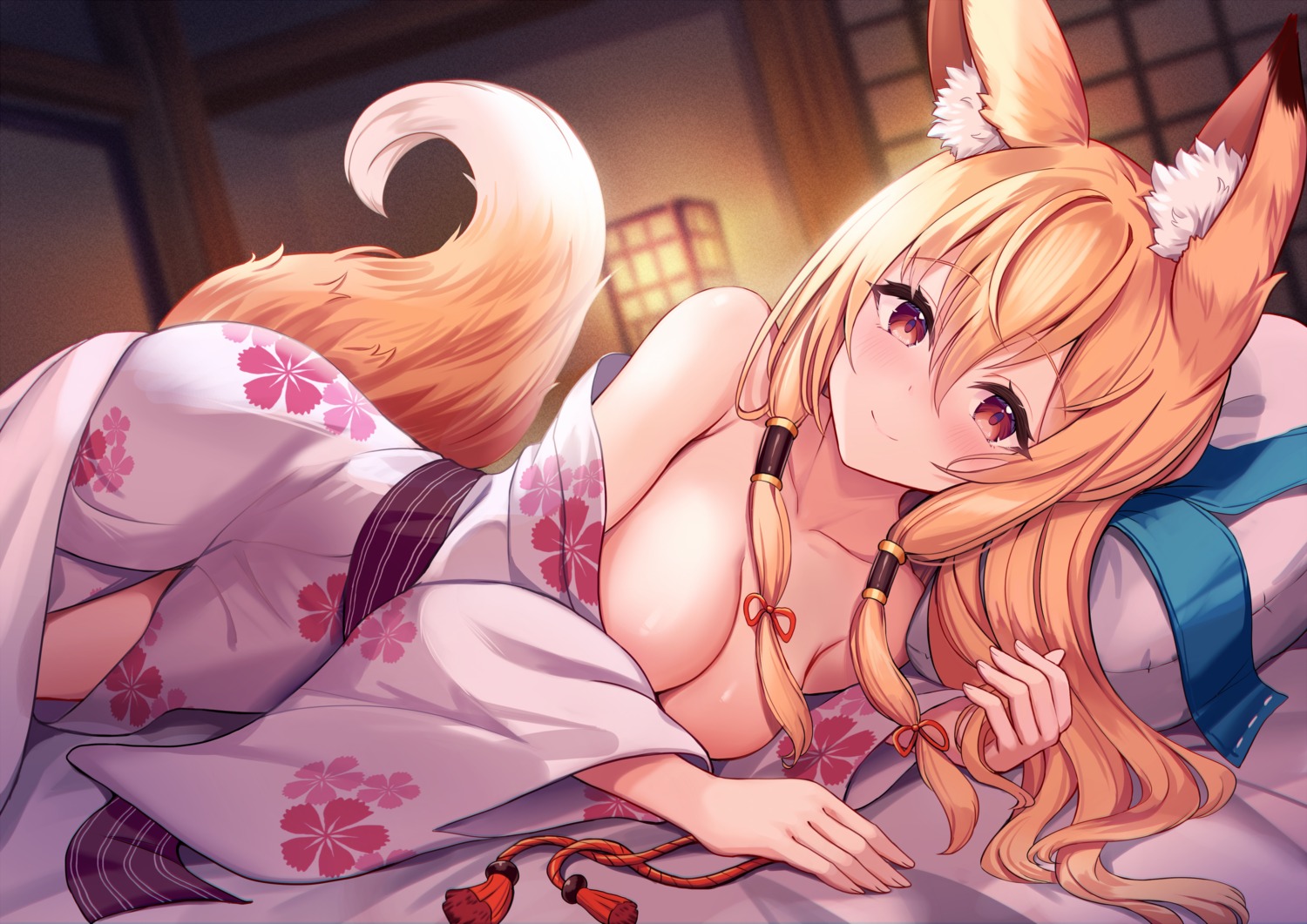 animal_ears kitsune no_bra open_shirt sakura_ani sheets tail yukata