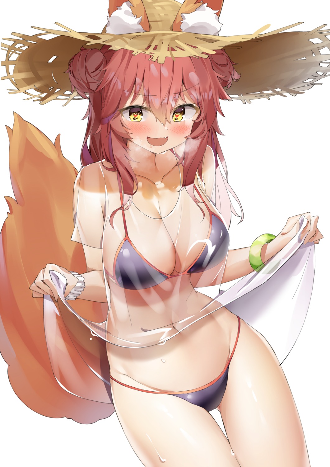 animal_ears bikini fate/grand_order kitsune kuse_(0201) see_through shirt_lift swimsuits tail tamamo_no_mae wet wet_clothes