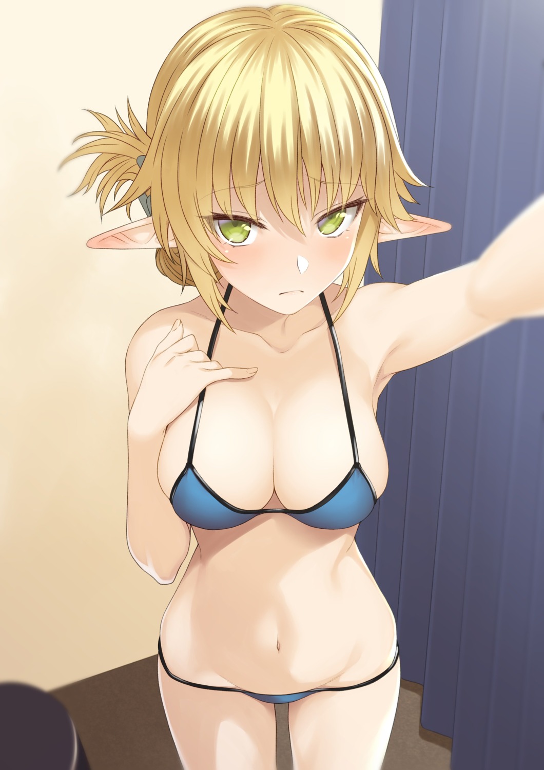 aegis_tia_aederlinde bikini elf enjo_kouhai panty_pull pointy_ears selfie swimsuits takunomi