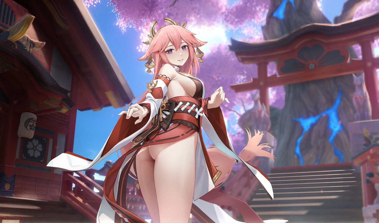 animal_ears artist_revision ass genshin_impact japanese_clothes kitsune no_bra nopan shoutai skirt_lift yae_miko