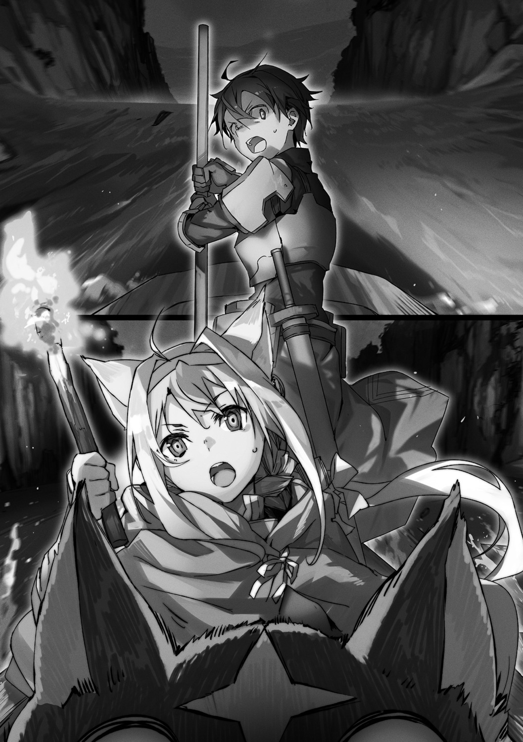 alice_zuberg animal_ears armor kirito monochrome sword sword_art_online