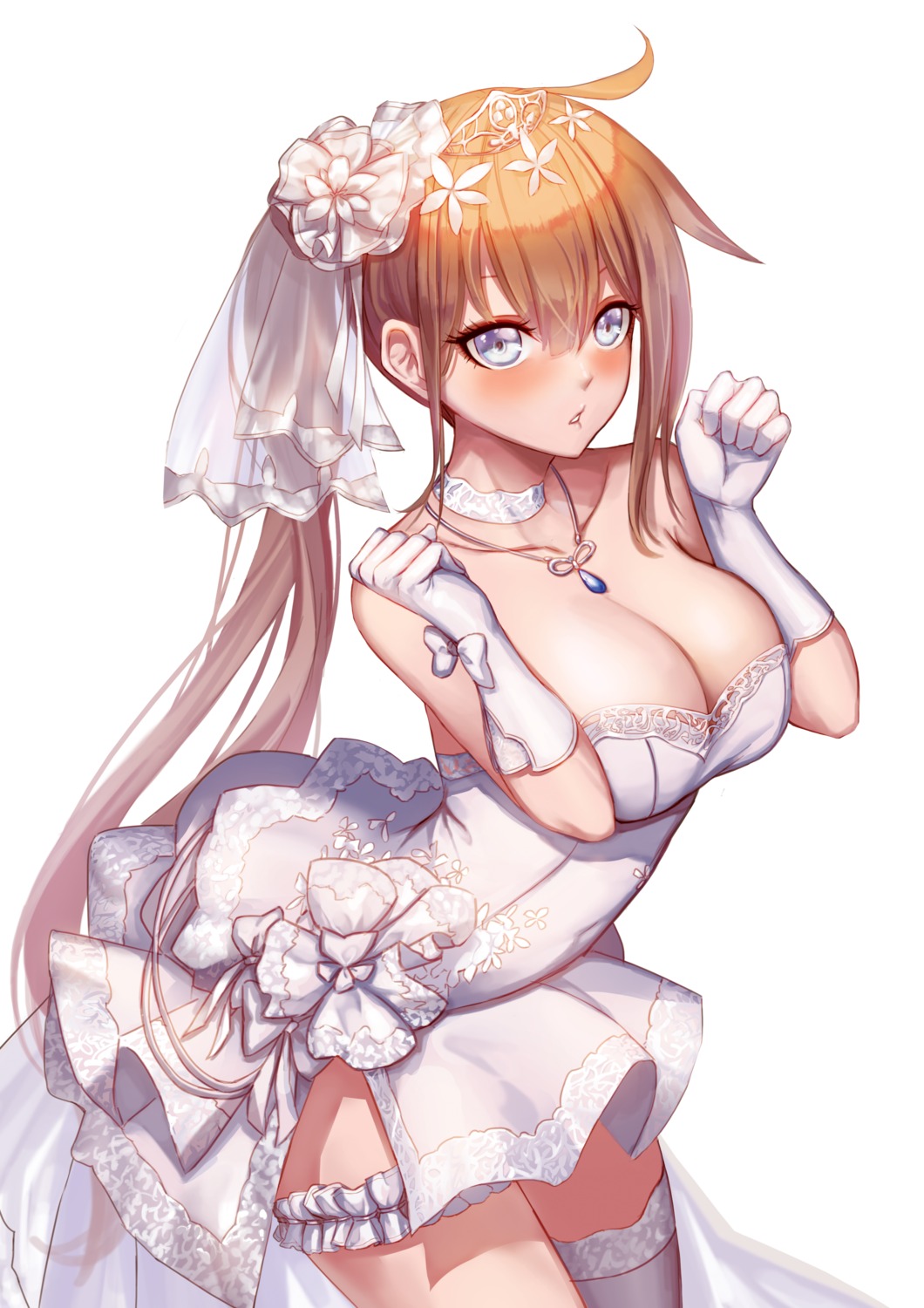 breast_hold cleavage dress fal_(girls_frontline) garter girls_frontline kibellin thighhighs wedding_dress