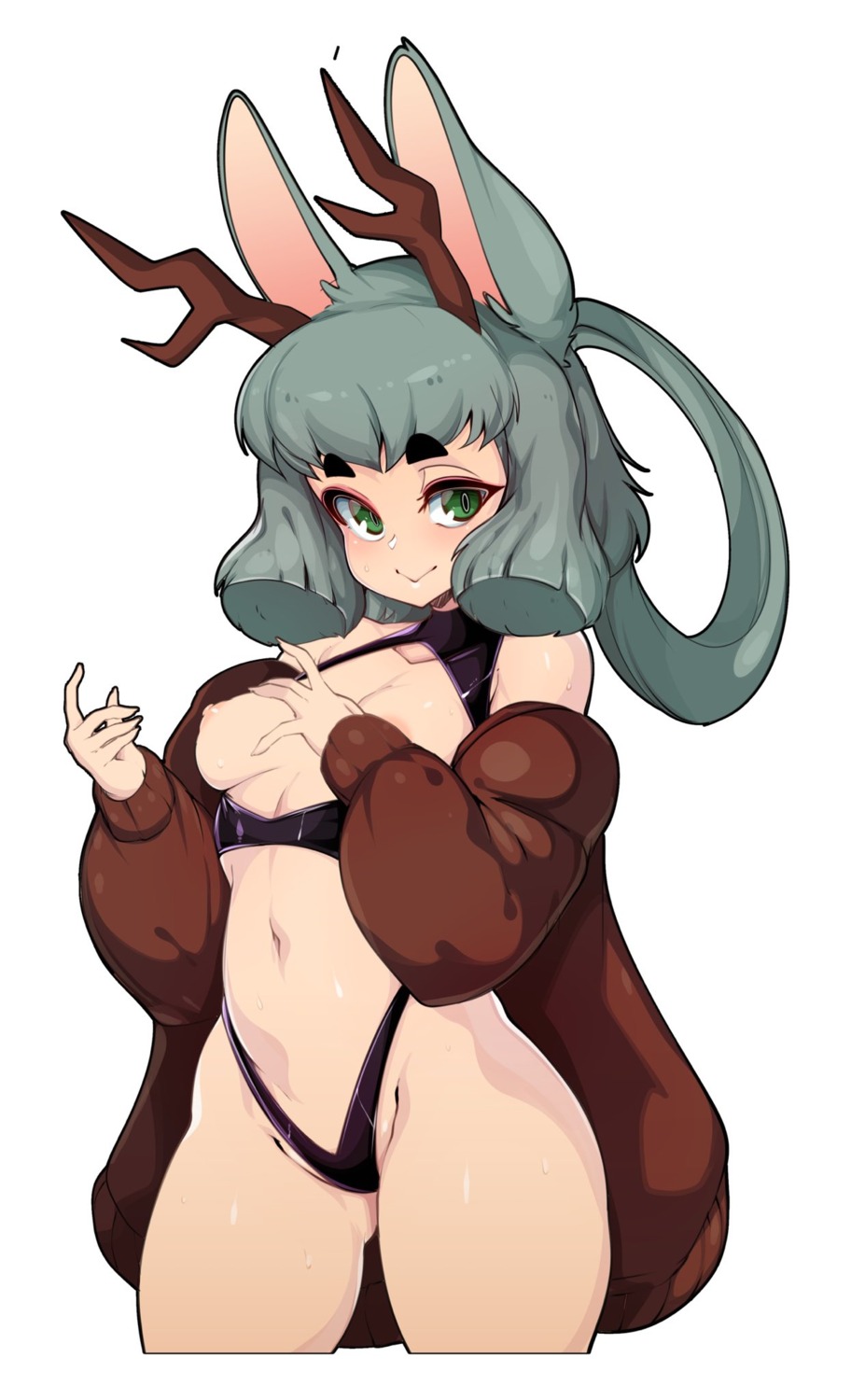 animal_ears bikini breasts horns nipples open_shirt slugbox sweater swimsuits thong