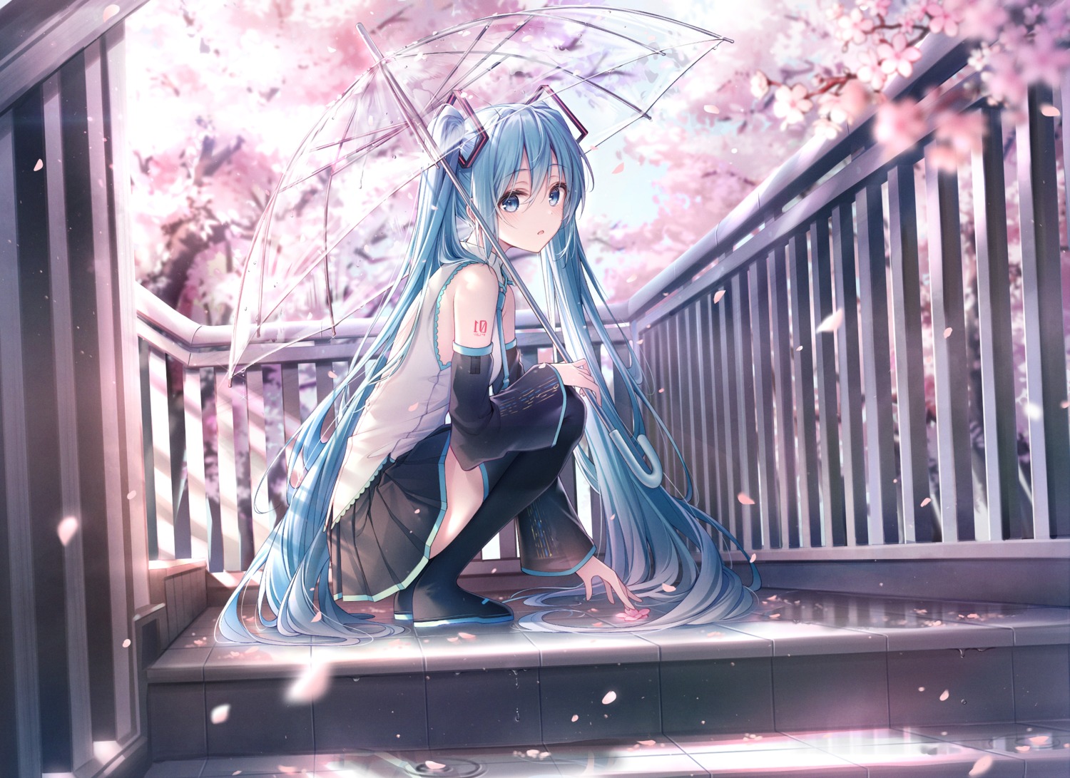 artist_revision dangmyo hatsune_miku skirt_lift tattoo thighhighs umbrella vocaloid