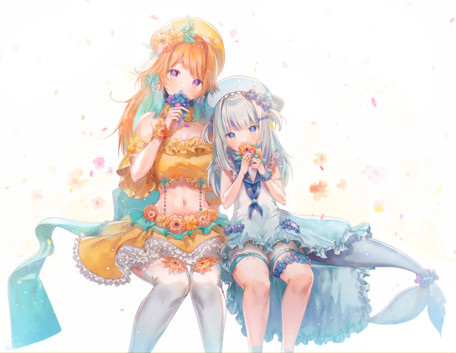 dress garter gawr_gura hololive hololive_english modoki_kuma skirt_lift tail takanashi_kiara thighhighs