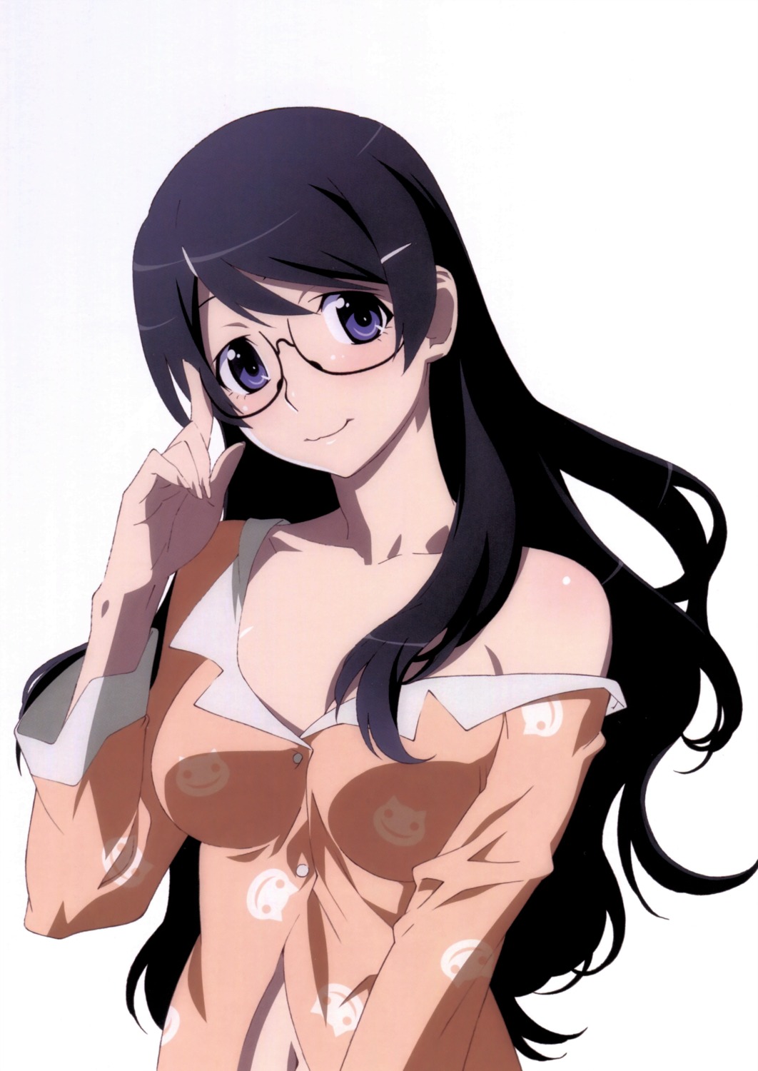 bakemonogatari hanekawa_tsubasa megane monogatari_(series) no_bra open_shirt pajama watanabe_akio