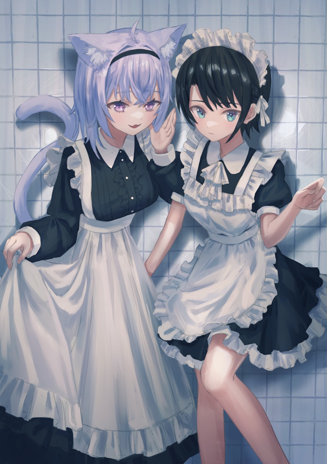 animal_ears hololive hololive_gamers maid nekomata_okayu nekomimi oozora_subaru skirt_lift tail yorishiem