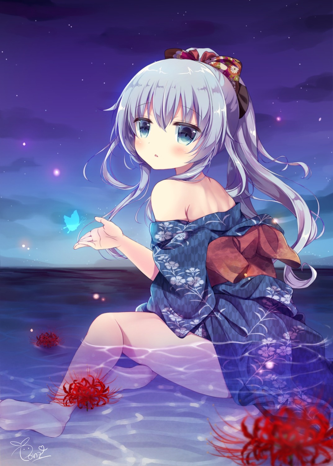 feet hibiki_(kancolle) kantai_collection mitsuki_ponzu no_bra open_shirt wet wet_clothes yukata