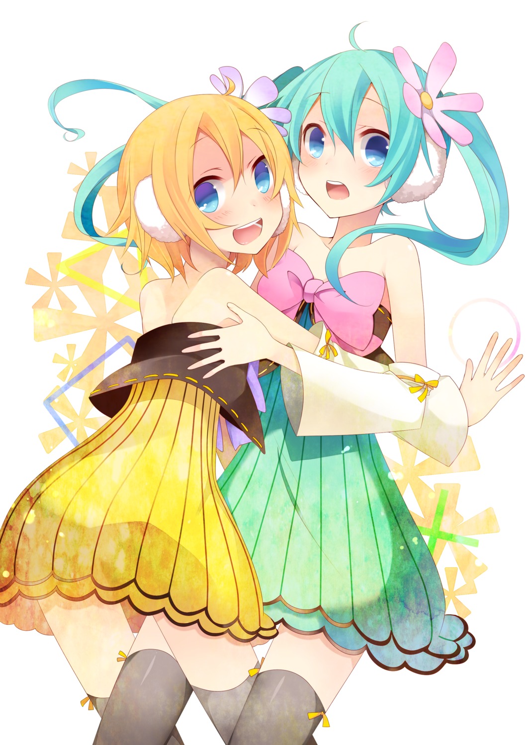 cleavage dress hatsune_miku kagamine_rin temari_(artist) thighhighs vocaloid