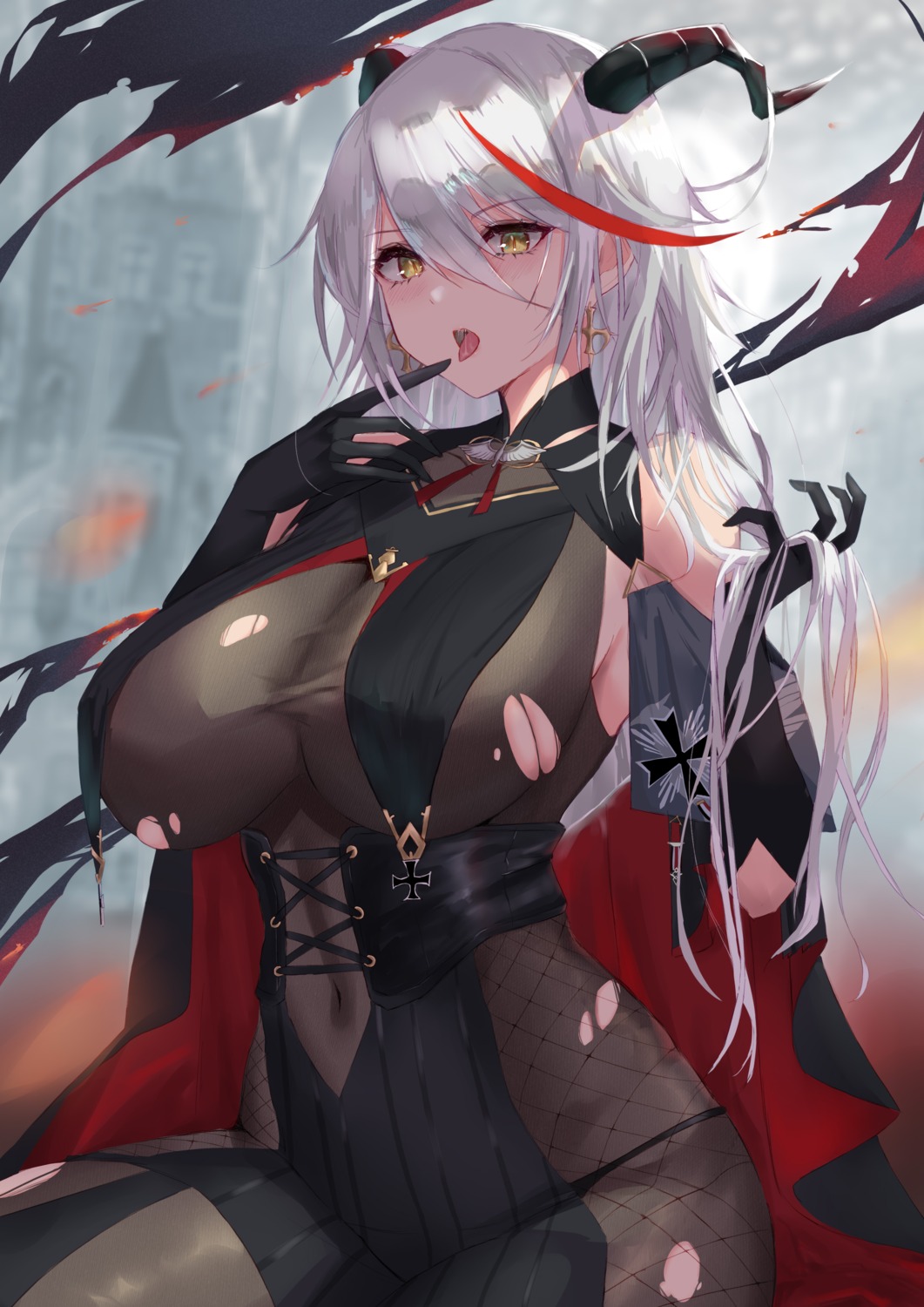 aegir_(azur_lane) azur_lane bodysuit fishnets horns no_bra satou_aji see_through torn_clothes