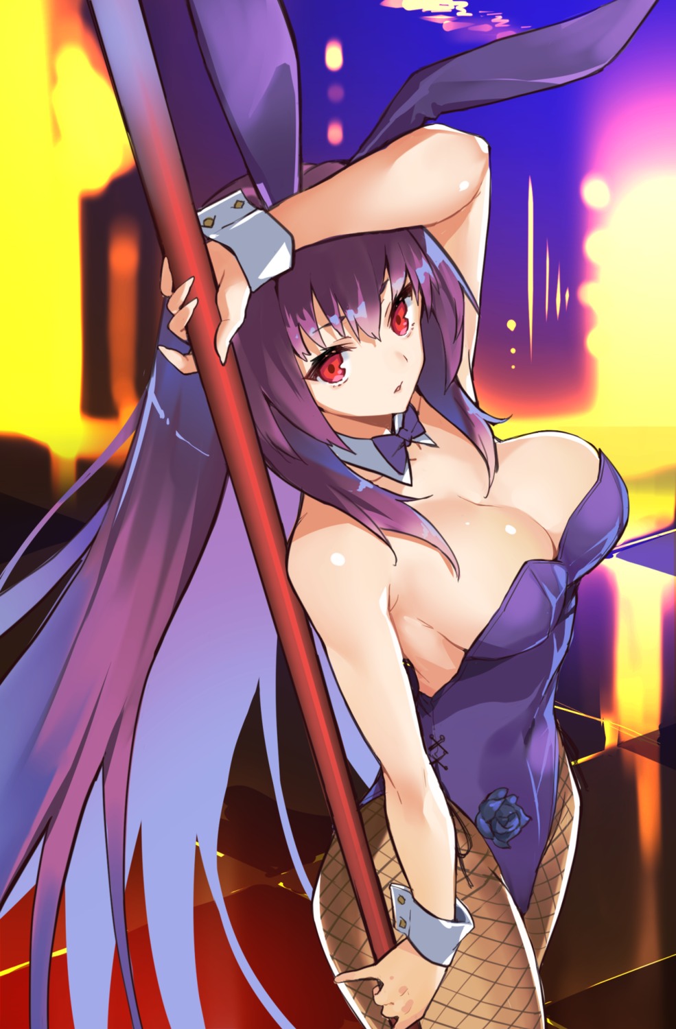 animal_ears bunny_ears bunny_girl fate/grand_order fishnets no_bra nuqura pantyhose scathach_(fate/grand_order) weapon