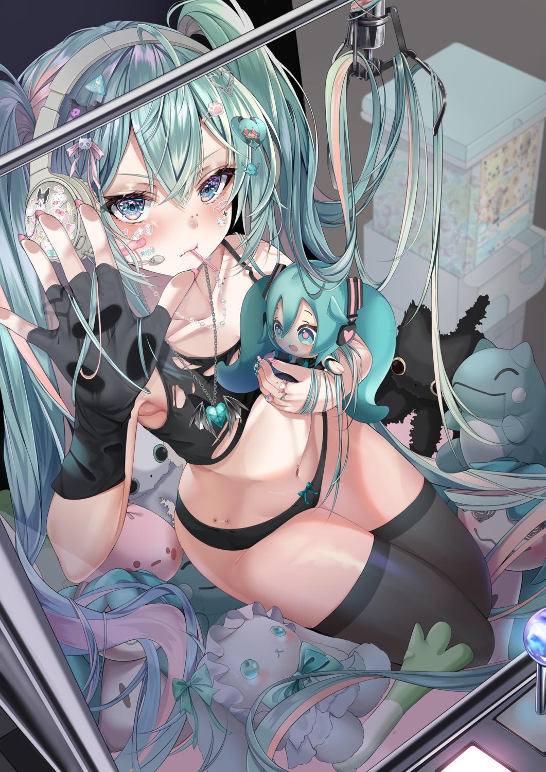 bandaid bra chibi hatsune_miku headphones isari_sensei pantsu thighhighs torn_clothes vocaloid