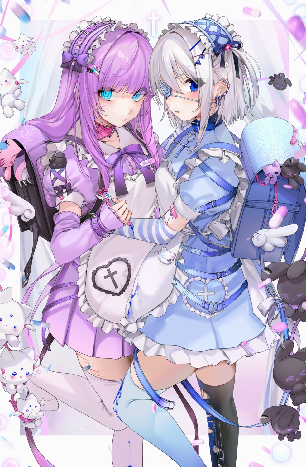 blood eyepatch lolita_fashion luna_(unxi) olivia_(unxi) thighhighs torn_clothes unxi