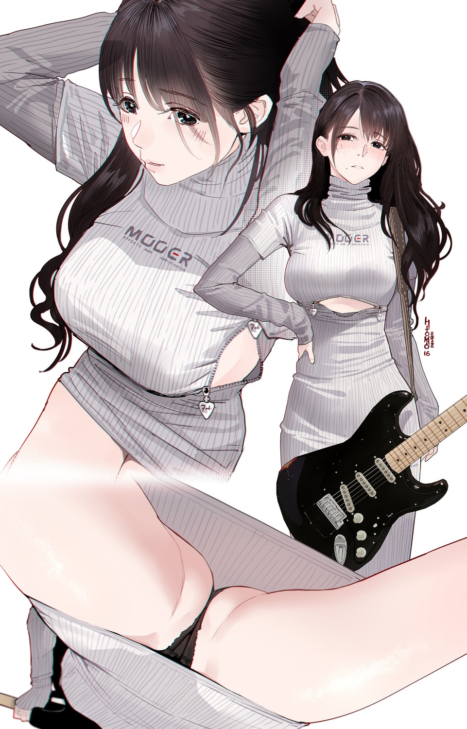 dress guitar hitomi_o no_bra pantsu skirt_lift sweater thong