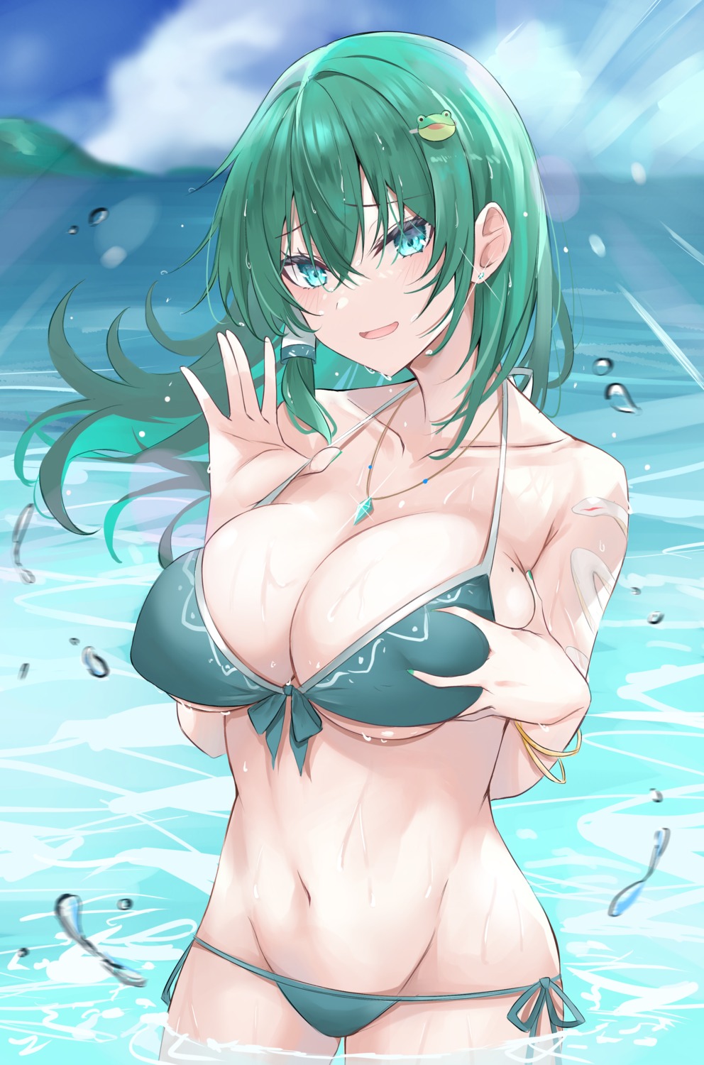 bikini breast_grab kochiya_sanae swimsuits touhou wet yuzi_(32745637280)