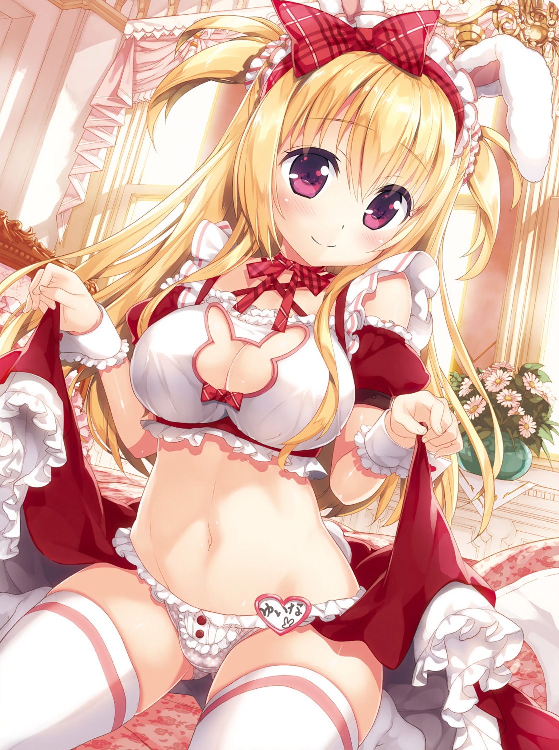 animal_ears bunny_ears cleavage fujima_takuya lingerie maid pantsu skirt_lift tail thighhighs